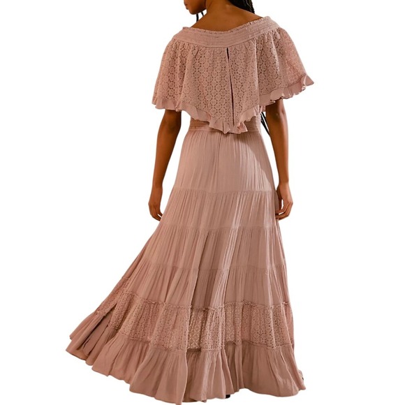 Free People Dusty Pink Cottagecore Boho Ruffle Tiered Maxi Dress Size L - Picture 2 of 15